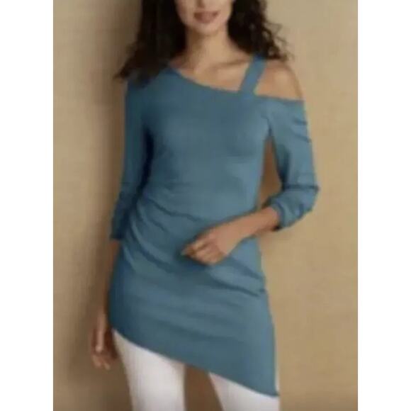 Soft Surroundings Kayla Cold Shoulder Sweater 1X Women Asymmetrical‎ Teal Casual - Picture 1 of 6